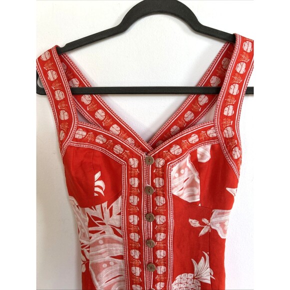 Farm Rio Red White Linen Monsteras Print Mini Button Down Front Dress Sz S NEW - Picture 4 of 9